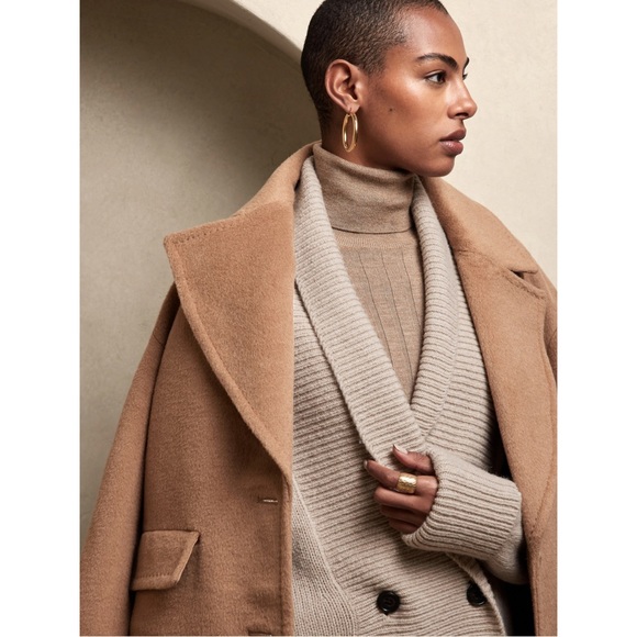 NWT Women’s Banana Republic Classic Sunday Wool Blend Camel/Tan Pea Coat Size M - Picture 2 of 8